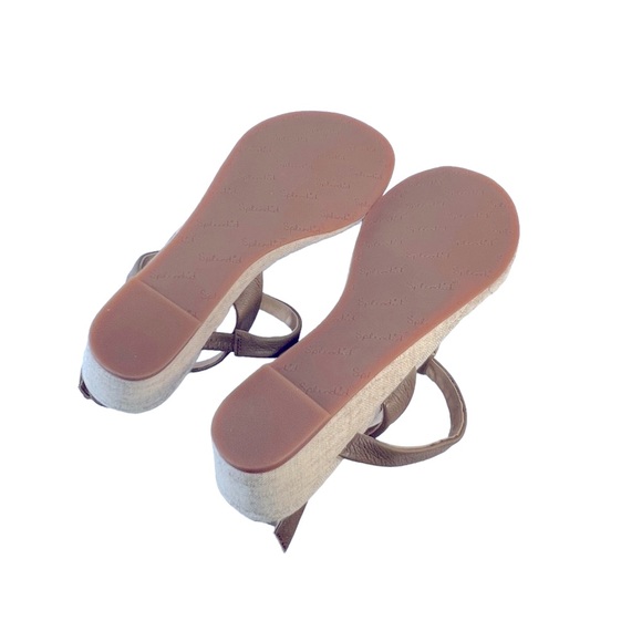 SPLENDID T Strap Beige Linen and Taupe Leather  Wedge Sandals NEW IN BOX SZ 9 - Picture 8 of 11
